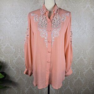 Bob Mackie Wearable Art Size Medium Peach 100% Silk Blouse with Eyelet Cutouts